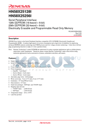 HN58X25256TIE datasheet - Serial Peripheral Interface 128k EEPROM (16-kword  8-bit) 256k EEPROM (32-kword  8-bit) Electrically Erasable and Programmable Read Only Memory