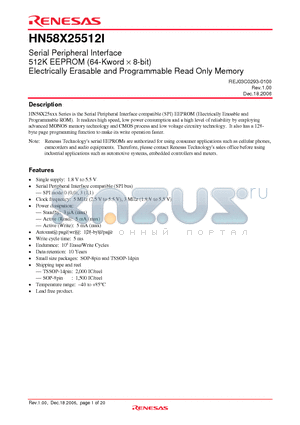 HN58X25512I datasheet - Serial Peripheral Interface 512K EEPROM (64-Kword  8-bit) Electrically Erasable and Programmable Read Only Memory