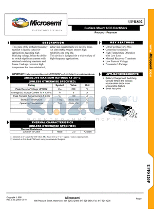 UPR802 datasheet - Surface Mount UES Rectifiers