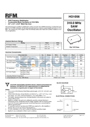 HO1056 datasheet - 310.0 MHz SAW Oscillator