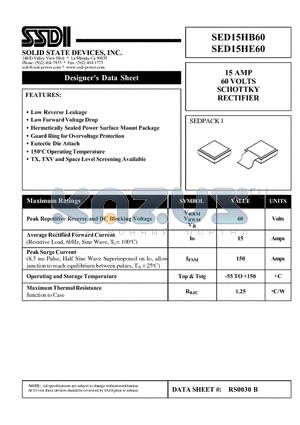 SED15HB60 datasheet - 15 AMP 60 VOLTS SCHOTTKY RECTIFIER