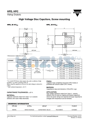 HPC datasheet - High Voltage Disc Capcitors, Screw mounting