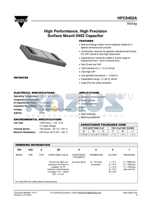 HPC0402A datasheet - High Performance, High Precision Surface Mount 0402 Capacitor