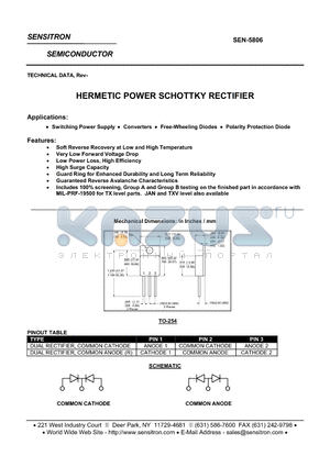 SEN-5806 datasheet - HERMETIC POWER SCHOTTKY RECTIFIER