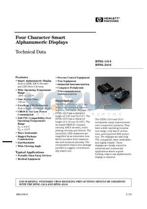 HPDL-1414 datasheet - Four Character Smart Alphanumeric Displays