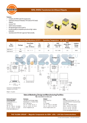 SEP100-T datasheet - SDSL /SHDSL Transformers for Infineon Chipsets