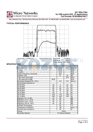 SF0036BA01967T datasheet - 36.7 MHz Filter for VSB system B/G - IF Applications