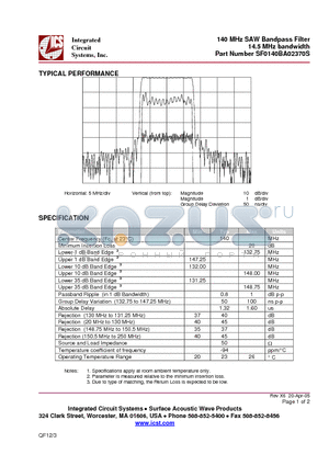 SF0140BA02370S datasheet - 140 MHz SAW Bandpass Filter 14.5 MHz bandwidth