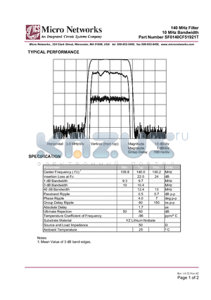 SF0140CF51921T datasheet - 140 MHz Filter 10 MHz Bandwidth