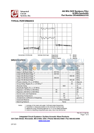 SF0400BA02375S datasheet - 400 MHz SAW Bandpass Filter