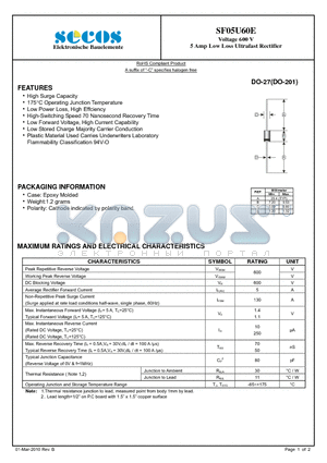 SF05U60E datasheet - 5 Amp Low Loss Ultrafast Rectifier