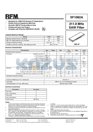 SF1062A datasheet - 211.0 MHz SAW Filter