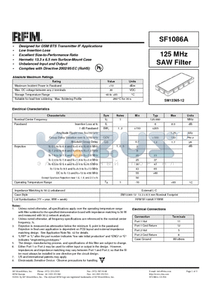 SF1086A datasheet - 125 MHz SAW Filter