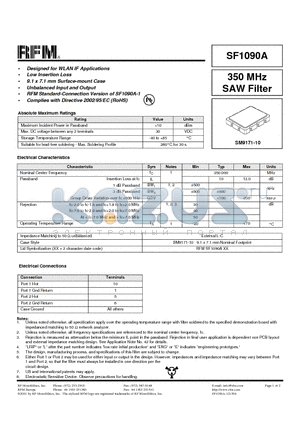 SF1090A datasheet - 350 MHz SAW Filter