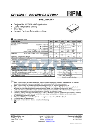 SF1102A-1 datasheet - 230 MHz SAW Filter