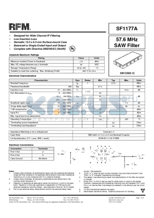 SF1177A datasheet - 57.6 MHz SAW Filter