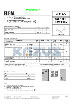 SF1183G datasheet - 881.5 MHz SAW Filter