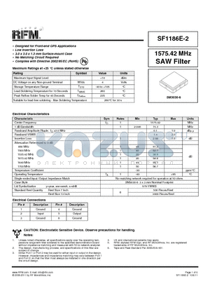 SF1186E-2 datasheet - 1575.42 MHz SAW Filter