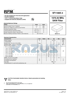 SF1186K-3 datasheet - 1575.42 MHz SAW Filter