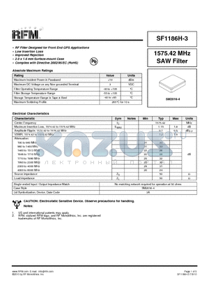SF1186H-3 datasheet - 1575.42 MHz SAW Filter