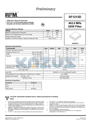 SF1213D datasheet - 462.5 MHz SAW Filter