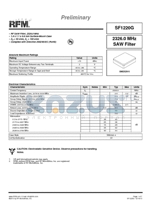 SF1220G datasheet - 2326.0 MHz SAW Filter