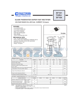 SF164 datasheet - GLASS PASSIVATED SUPER FAST RECTIFIER VOLTAGE RANGE 50 to 200 Volts CURRENT 16 Ampere