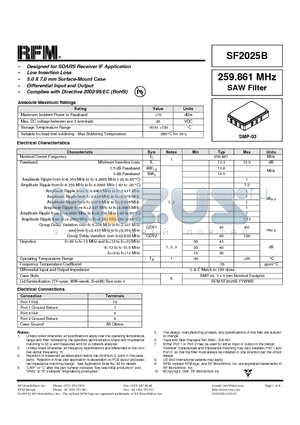 SF2025B datasheet - 259.861 MHz SAW Filter