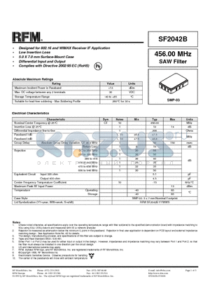 SF2042B datasheet - 456.00 MHz SAW Filter