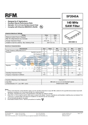 SF2045A datasheet - 140 MHz SAW Filter