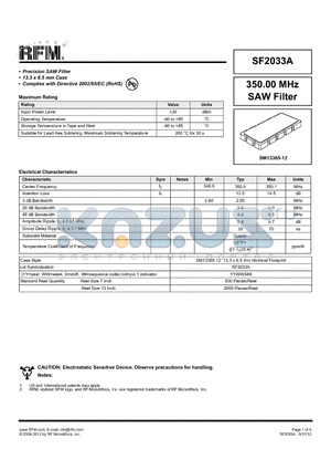 SF2033A datasheet - 350.00 MHz SAW Filter