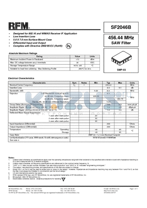 SF2046B datasheet - 456.44 MHz SAW Filter