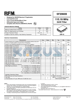 SF2060B datasheet - Designed for SDARS Receiver IF Application