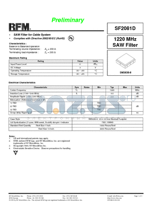 SF2081D datasheet - 1220 MHz SAW Filter