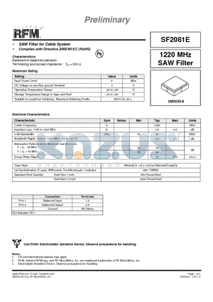 SF2081E datasheet - 1220 MHz SAW Filter