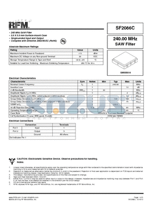 SF2086C datasheet - 240.00 MHz SAW Filter