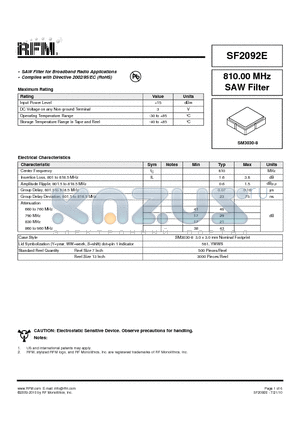 SF2092E datasheet - 810.00 MHz SAW Filter