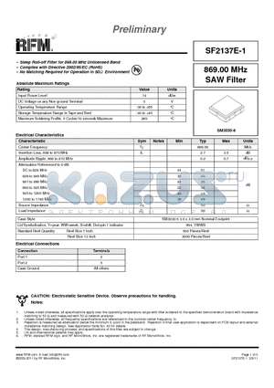 SF2137E-1 datasheet - 869.00 MHz SAW Filter