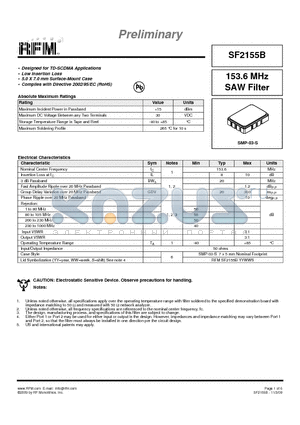 SF2155B datasheet - 153.6 MHz SAW Filter