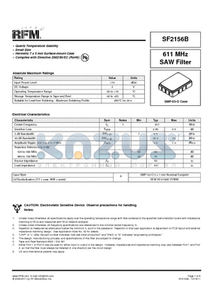 SF2156B datasheet - 611 MHz SAW Filter