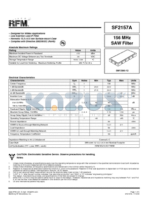 SF2157A datasheet - 156 MHz SAW Filter