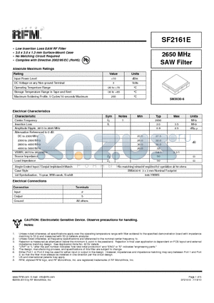 SF2161E datasheet - 2650 MHz SAW Filter