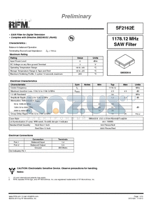 SF2162E datasheet - 1178.12 MHz SAW Filter