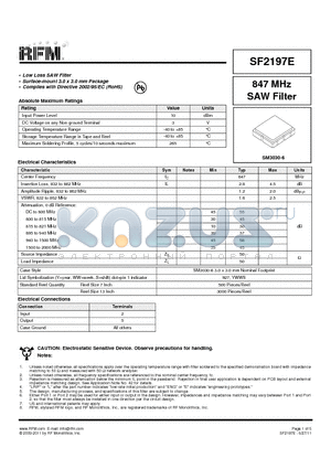 SF2197E datasheet - 847 MHz SAW Filter