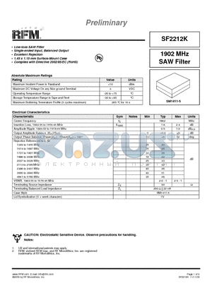 SF2212K datasheet - 1902 MHz SAW Filter