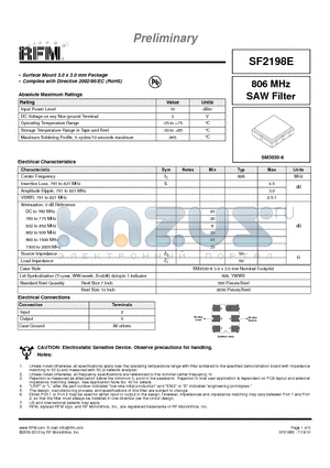 SF2198E datasheet - 806 MHz SAW Filter