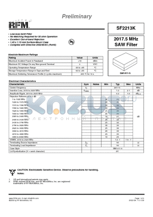 SF2213K datasheet - 2017.5 MHz SAW Filter