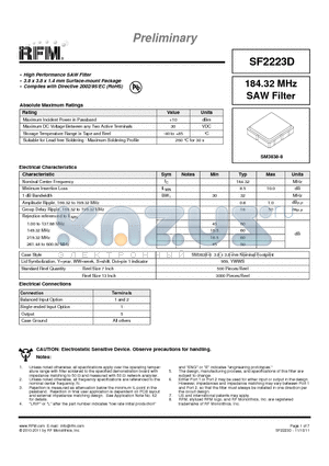 SF2223D datasheet - 184.32 MHz SAW Filter