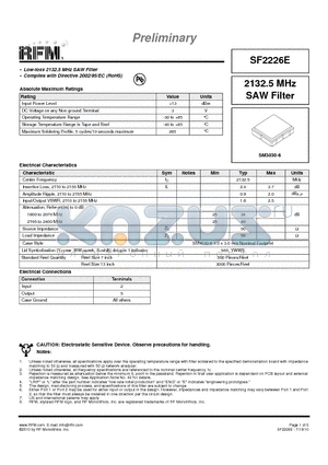 SF2226E datasheet - 2132.5 MHz SAW Filter