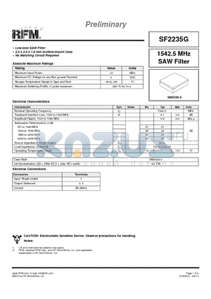 SF2235G datasheet - 1542.5 MHz SAW Filter